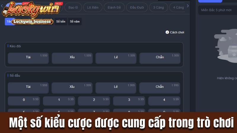 Một số kiểu cược được cung cấp trong trò chơi